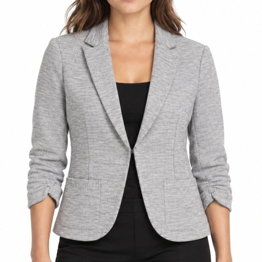 Amanda + Chelsea Grey White Blazer Women M Textured Open Front Ruched Sleeve